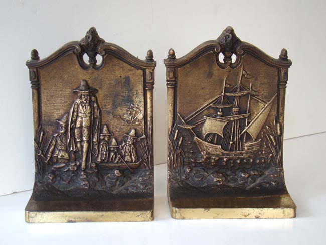 A rare pair of Bradley & Hubbard bookends circa 1920 commemorating the Landing of the Pilgrims at Plymouth in 1620.